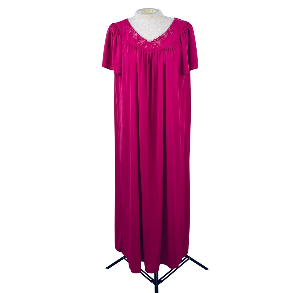Miss Elaine Classics Magenta Pink Embroidered V-Neck Nightgown Maxi Dress Medium